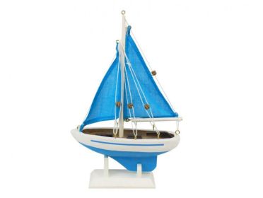Wooden Light Blue with Light Blue Sails Pacific Sailer Model Sailboat Decoration 9""