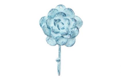 Rustic Dark Blue Whitewashed Cast Iron Decorative Rose Hook 7""