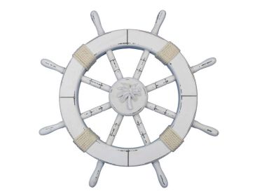 Rustic White Decorative Ship Wheel with Palm Tree 18""