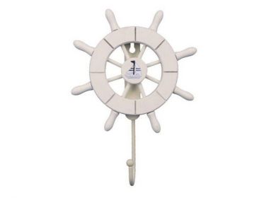 White Decorative Ship Wheel with Sailboat and Hook 8"