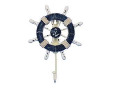 Rustic Dark Blue and White Decorative Ship Wheel with Anchor and Hook 8"