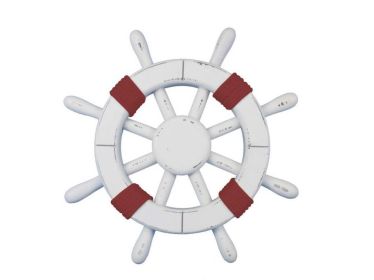 Rustic White Decorative Ship Wheel with Red Rope 12""